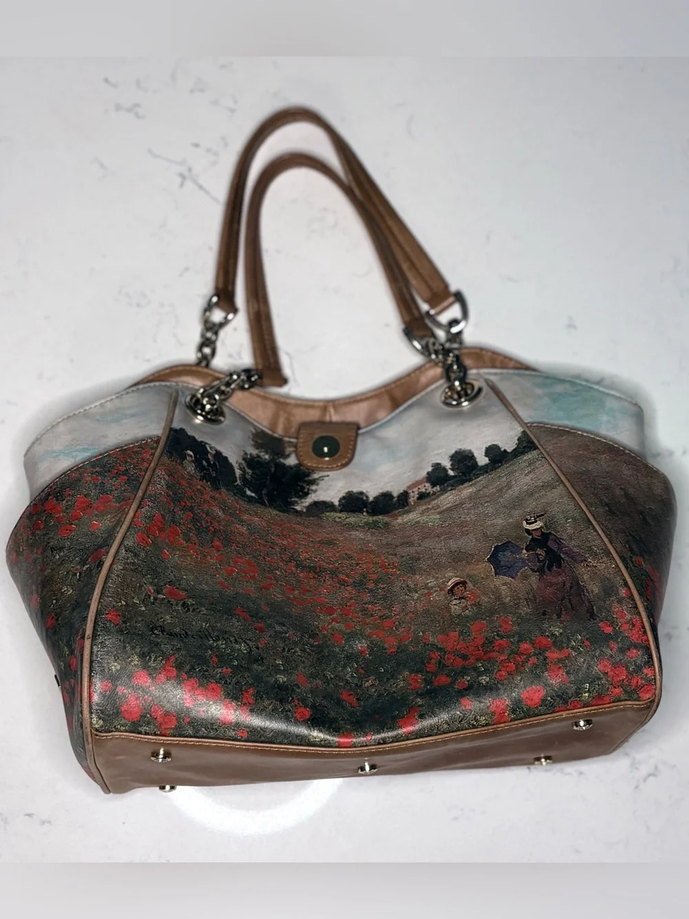 Icon Los Angeles Vintage Leather Tote Bag Claude Monet Poppy Field Art Handbag
